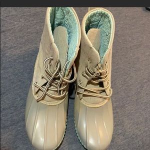 Gray and teal duck boots
